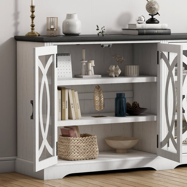 69" Coffee Bar Cabinet, Farmhouse Buffet Cabinet with 4 Glass Barn Doors, Wood Sideboard Storage Cabinet for Kitchen, Dining Room, Living Room, Antique White