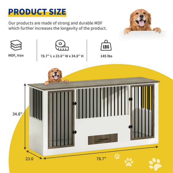 Dog Crate Furniture with 4 Stainless Steel Bowls, Wood Dog Crate End Table with Tray and Cushion, Double Dog Crate for 2 Dogs, Wooden Dog Cage Dog Kennel Indoor (Brown)