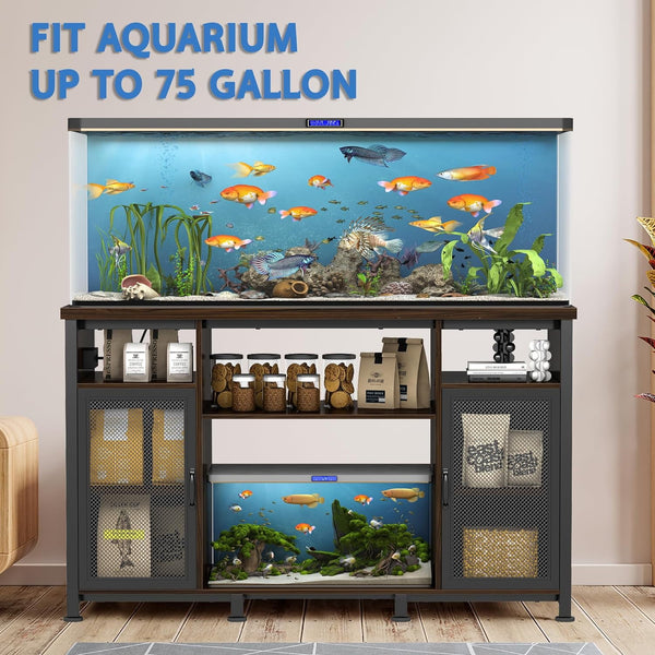 55-75 Gallon Fish Tank Stand with 2-Metal Net Door, Aquarium Stand with Power Outlets and Cabinet for Fish Tank Accessories Storage, Heavy Duty Metal Frame