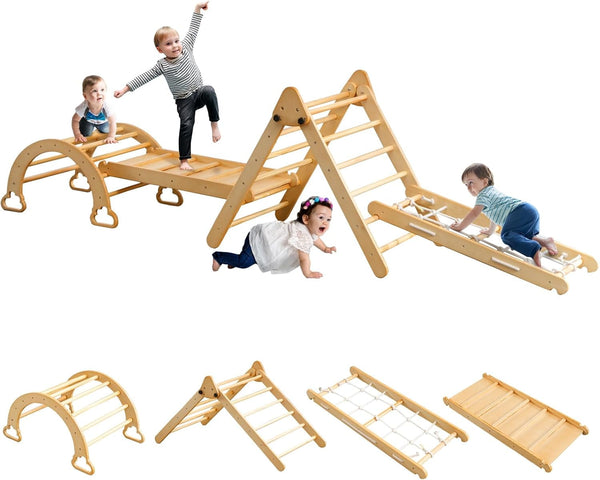 6 in 1 Pikler Triangle Set, Wooden Montessori Climbing Set with Ramp, Arch, Slide and Net, Toddler Climbing Toys Indoor for Kids Aged 1-7 Years