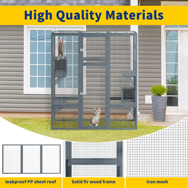 Catio, Large Outdoor Cat Enclosures, Fir Wooden Outdoor Cat House with 7 Platforms, 2 Resting Room, Cat House with Waterproof, UV Protection Roof, 61.8''L* 32.3''W* 70''H
