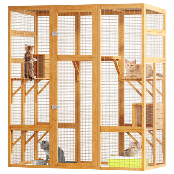 Catio, Large Outdoor Cat Enclosures, Fir Wooden Outdoor Cat House with 7 Platforms, 2 Resting Room, Cat House with Waterproof, UV Protection Roof, 61.8''L* 32.3''W* 70''H