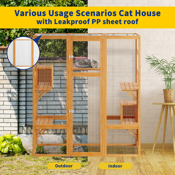 Catio, Large Outdoor Cat Enclosures, Fir Wooden Outdoor Cat House with 7 Platforms, 2 Resting Room, Cat House with Waterproof, UV Protection Roof, 61.8''L* 32.3''W* 70''H