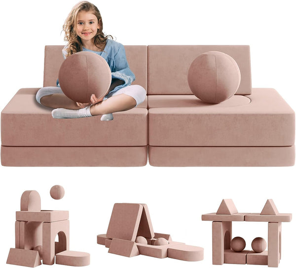Kids Couch 9pcs, Kids Sofa with Spherical Module and Tunnel Elements, Flip out sofa