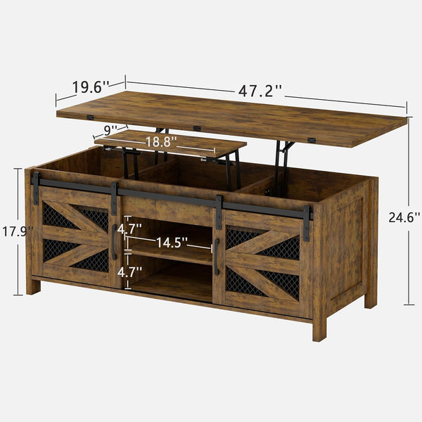 Linor 47.2" Lift Top Coffee Table, 4 in 1 Farmhouse Coffee Tables with Sliding Barn Door, Brown