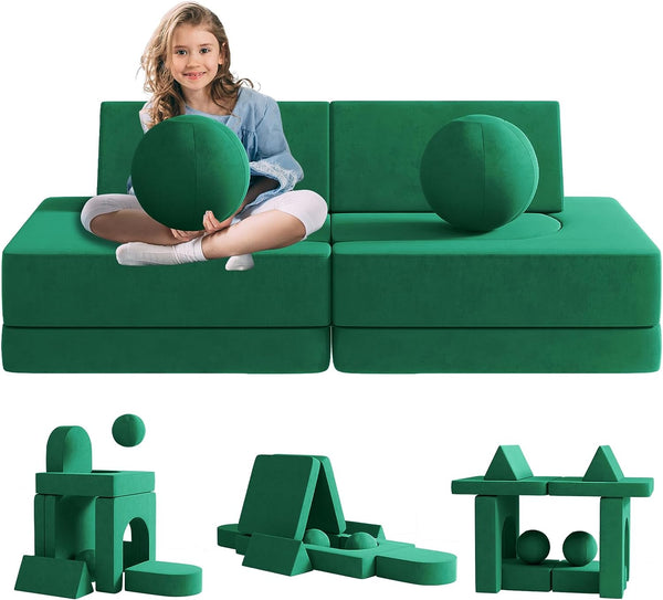 Kids Couch 9pcs, Kids Sofa with Spherical Module and Tunnel Elements, Flip out sofa