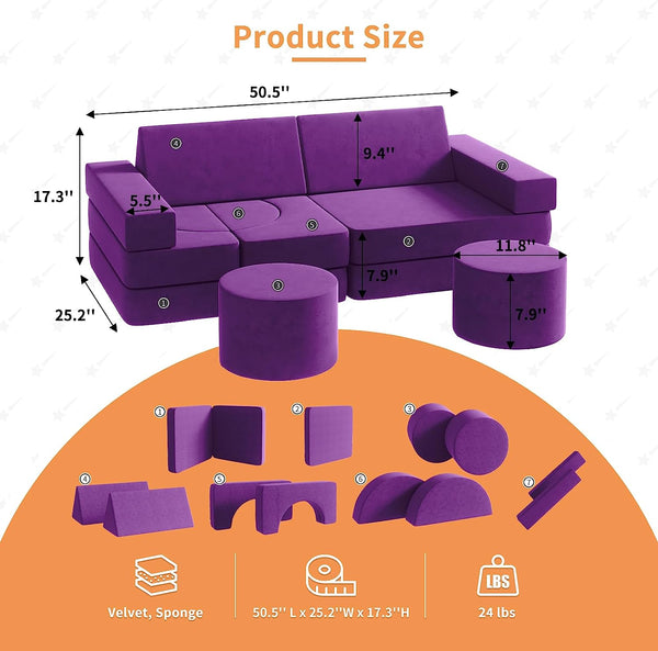 Multicolor Medium Kids Couch 13PCS, Kids Sofa for Playroom Bedroom, Modular Play Couch