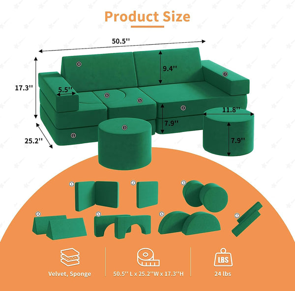 Multicolor Medium Kids Couch 13PCS, Kids Sofa for Playroom Bedroom, Modular Play Couch