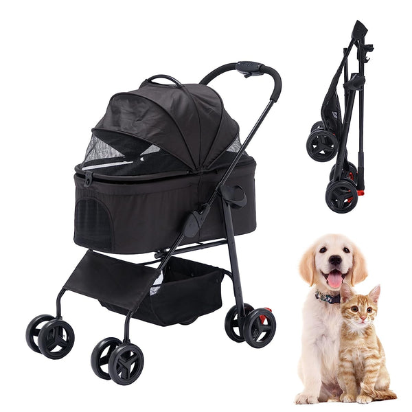3 In 1 Folding Pet Stroller Black, Multifunction Pet Storage Basket Dog Stroller, Lightweight Dog Carrier with Adjustable Cover