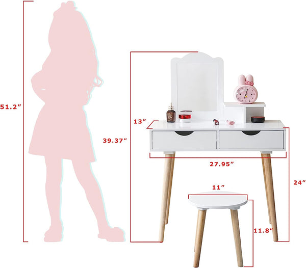Kids Vanity Set, Girls Vanity Set with Mirror and Stool, Girls Wooden Dressing Table White