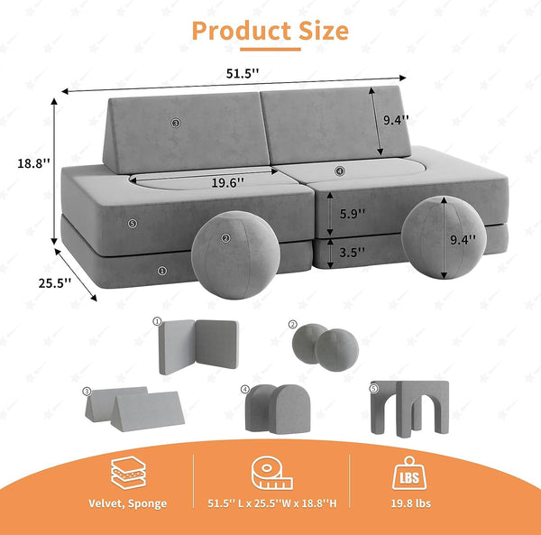Kids Couch 9pcs, Kids Sofa with Spherical Module and Tunnel Elements, Flip out sofa