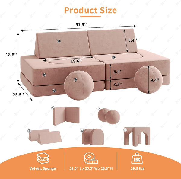 Kids Couch 9pcs, Kids Sofa with Spherical Module and Tunnel Elements, Flip out sofa