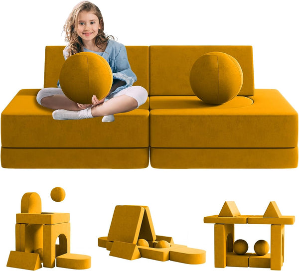 Kids Couch 9pcs, Kids Sofa with Spherical Module and Tunnel Elements, Flip out sofa