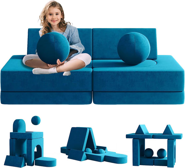 Kids Couch 9pcs, Kids Sofa with Spherical Module and Tunnel Elements, Flip out sofa