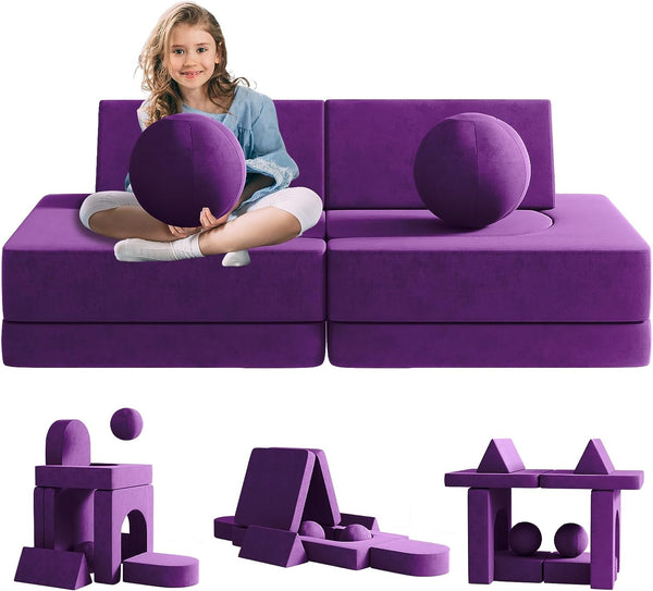 Kids Couch 9pcs, Kids Sofa with Spherical Module and Tunnel Elements, Flip out sofa