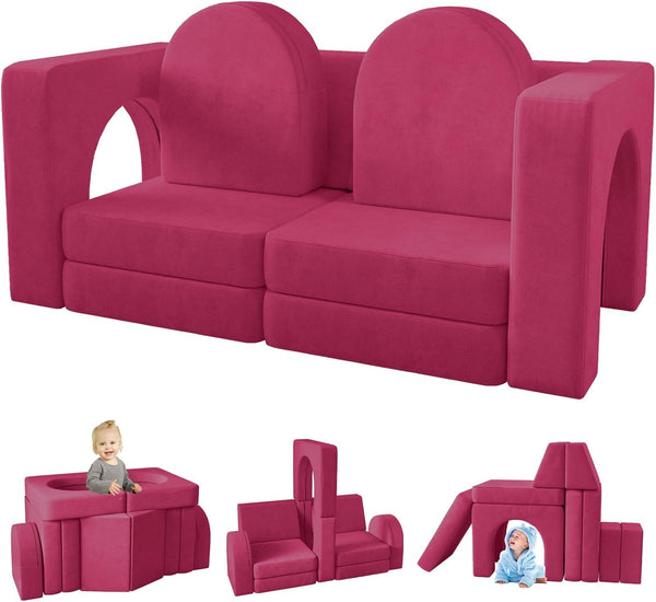 10PCS Kids Couch, Modular Kids Play Couch for Playroom Bedroom, 10 in 1 Multifunctional Kids Sofa for Playing, Creativing, Sleeping, Indoor Toddler Couch for Boys and Girls