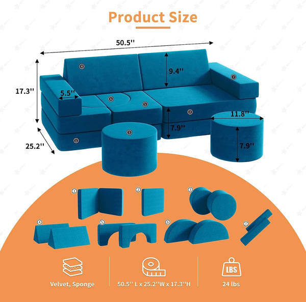 Multicolor Medium Kids Couch 13PCS, Kids Sofa for Playroom Bedroom, Modular Play Couch