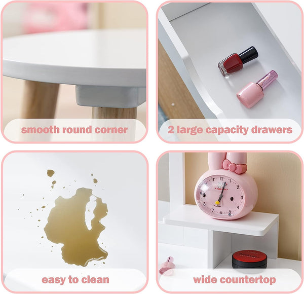 Kids Vanity Set, Girls Vanity Set with Mirror and Stool, Girls Wooden Dressing Table White