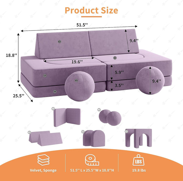 Kids Couch 9pcs, Kids Sofa with Spherical Module and Tunnel Elements, Flip out sofa