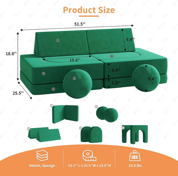 Kids Couch 9pcs, Kids Sofa with Spherical Module and Tunnel Elements, Flip out sofa