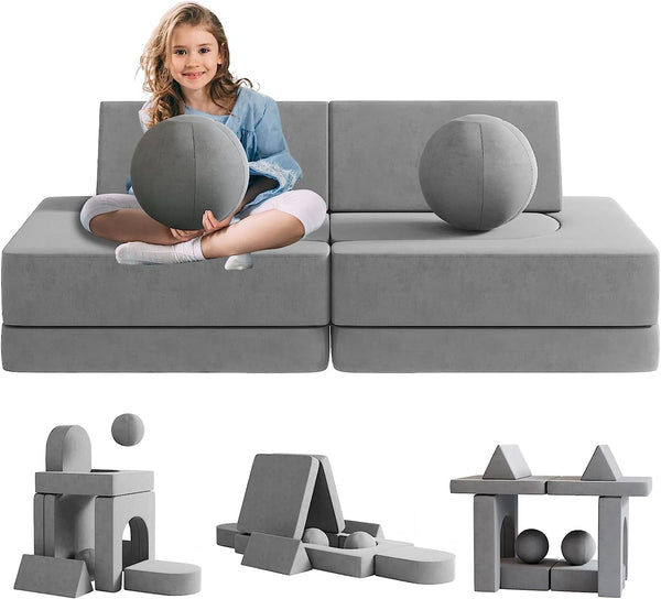 Kids Couch 9pcs, Kids Sofa with Spherical Module and Tunnel Elements, Flip out sofa