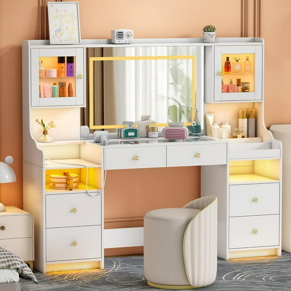 62" White Vanity Desk with LED Mirror & Lights, Power Outlet, Glass Top, Pipleo Makeup Vanity with Touch Control (3 Modes), 4 Drawers & 2 Cabinets - Large Storage