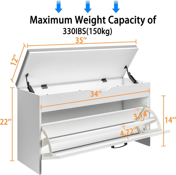 Shoe Storage Bench with Padded Cushion, Entryway Bench with Flip Drawer & Flip-Open Storage Box, Shoe Bench for Entryway, Bedroom, Hallway, Living Room