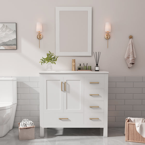 Complete 36" Bathroom Vanity Set with Sink, Faucet, and Storage - Ceramic Countertop, Soft-Close Doors, and Mirror Included, 36 "x18.3 x33