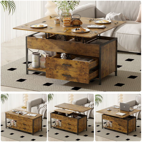 Lift Top Coffee Table, 4 in 1 Multi-Function Coffee Tables with Open Shelf and 2 Drawers, Coffee Table for Living Room, Dining Reception Room, Home Office
