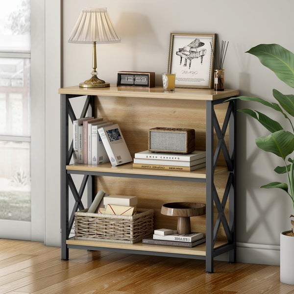 3-Tier Bookshelf, Farmhouse Small Bookshelf with X-Style Frame,FreeStanding Storage Bookcase for Entryway Living Room Home Office