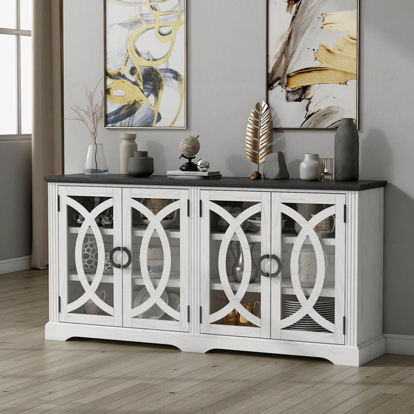 69" Coffee Bar Cabinet, Farmhouse Buffet Cabinet with 4 Glass Barn Doors