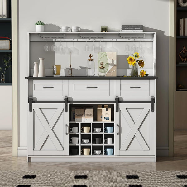 52" Coffee Bar Cabinet, Farmhouse Liquor Bar w/Storage Shelves and 3-Row Glass Holder