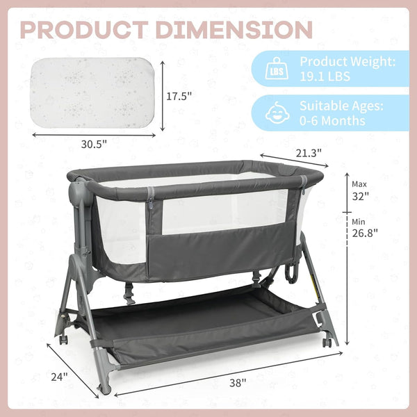 Wanan Bassinets Bedside Sleeper, Baby Bassinet One-Button Folding Portable Bedside Bassinets, Breathable Mesh and Soft Mattress, Adjustable Height Baby Crib with Storage Basket and Wheels for Newborn
