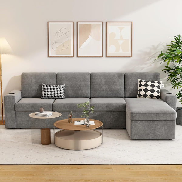 Akaber 103" Sleeper Sofa, L-Shaped Sectional Sofa Bed with Storage Chaise, Reversible 2 in 1 Pull Out Couch with Cup Holders for Living Room, 4-Seater,Grey