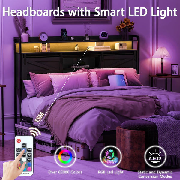 Linor Queen Size Headboard, 3 Tier Storage Headboard with Sliding Barn Doors, Outlets, USB Ports, LED Light, Width Adjustable for Queen Size Beds, Rustic Black