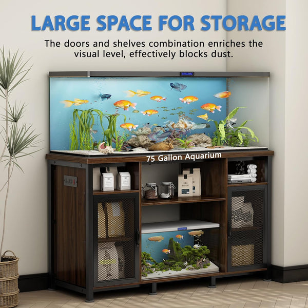 55-75 Gallon Fish Tank Stand with 2-Metal Net Door, Aquarium Stand with Power Outlets and Cabinet for Fish Tank Accessories Storage, Heavy Duty Metal Frame