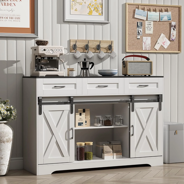 52" Modern Farmhouse Coffee Bar Cabinet with Sliding Barn Doors, Sideboard Storage Wine Cabinet with 3 Drawers, Wood Buffet Cabinet for Kitchen, Dinning Room, Living Room, Antique White