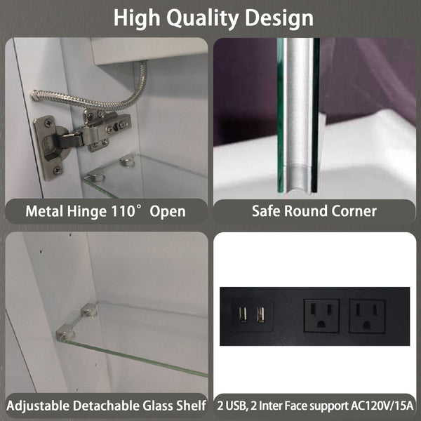 Aluminum Medicine Cabinet , Wall Mounted Surface led Medicine Cabinet, Defog, Stepless Dimming, 3 Color Change, 2 Outlets, 2USB for Bathroom