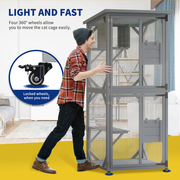 Outdoor Cat Enclosure with 3 Platforms, Outdoor Cat House with Fir Wood, 4 * 360° Wheels(3-Platform)