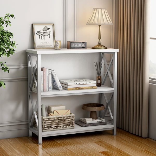 3-Tier Bookshelf, Farmhouse Small Bookshelf with X-Style Frame,FreeStanding Storage Bookcase for Entryway Living Room Home Office