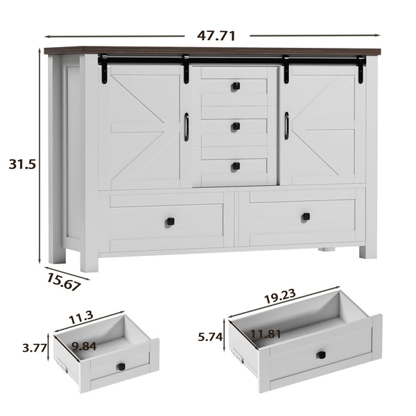 48" Farmhouse w/5 Drawers & 2 Sliding Barn Doors, Dressers& Chests of Drawers, 5 Drawer Dresser TV Stand for Bedroom, Living Room