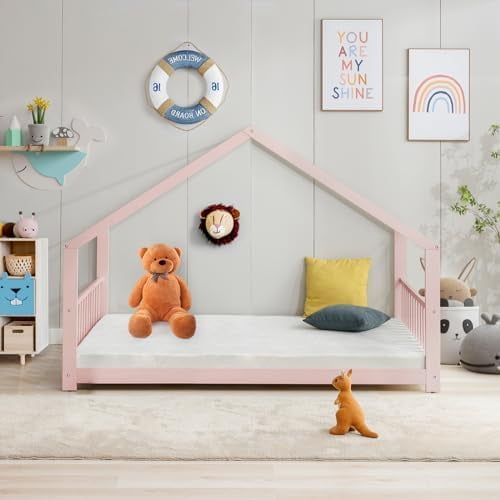 Pink Full Size Wood Floor Bed, Twin Size Low House Playhouse Bed with Headboard and Footboard, Toddler Floor Bed Frame for Boys, Girls, Easy Assembly, No Box Spring Needed