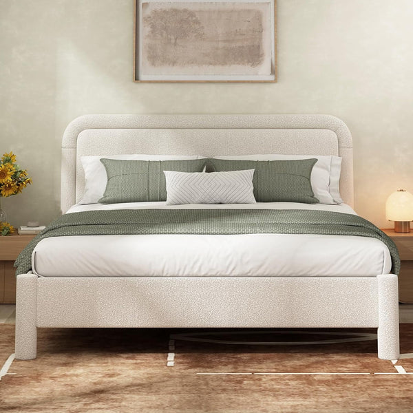 Akaber King Bed Frame, Upholstered Bed Frame with Rounded Corners, Boucle Soft Cloud Bed Frame in Modern Style, Noise-Free Structure, Easy Assembly, Cream