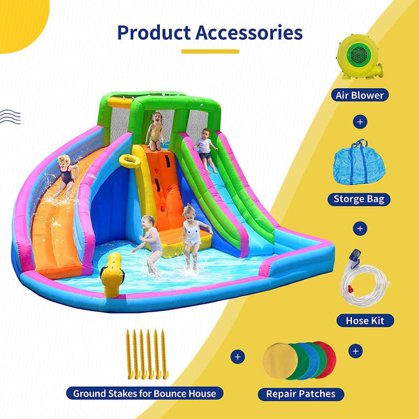 Wanan Inflatable Water Slide, 8 in 1 Water Slides Inflatables for Kids and Adults, 2 Large Water Slide with Air Blower, Splash and Deep Pool, Climbing Wall, Bounce House, Basketball Hoop (Dual Slide)