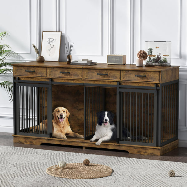 71" Double Dog Crate Furniture for 2 Dogs, All Steel Frame Dog Kennel with Drawer, Divider, Sliding Barn Door, Black