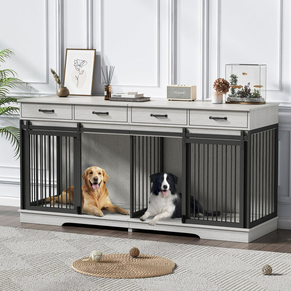 71" Double Dog Crate Furniture for 2 Dogs, All Steel Frame Dog Kennel with Drawer, Divider, Sliding Barn Door, White