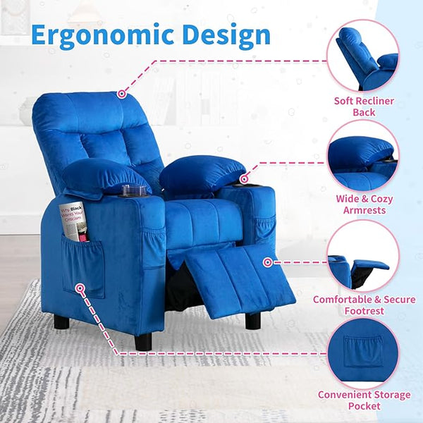 Kids Recliner, Toddlers Kids Recliner Chair with Cup Holder, Ergonomic Adjustable Velvet Lounge Chair with Footrest & Side Pockets, Toddlers Kids Baby Sofa for Boys and Girls Bedroom