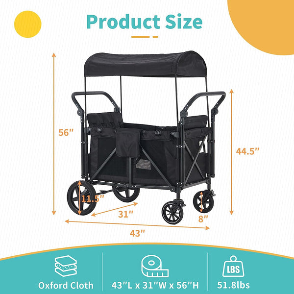 Wagon Stroller for 4 Kids, Wagon Cart with 4 High Seats and Removable Canopy, Foldable Stroller Wagon (Black)