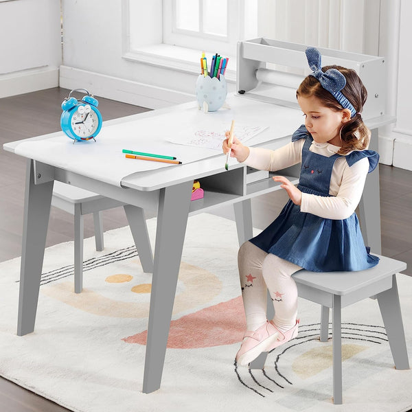 Kids Art Table, 2-In-1 Kids Craft Table and Chair Set , Wooden  Painting Art Easel Set, Toddler Activity Table, Kids Arts and Crafts Ages 3-12