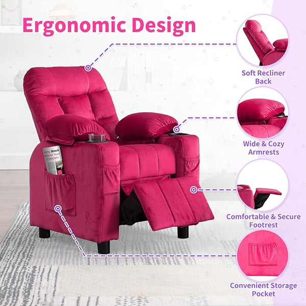 Kids Recliner, Toddlers Kids Recliner Chair with Cup Holder, Ergonomic Adjustable Velvet Lounge Chair with Footrest & Side Pockets, Toddlers Kids Baby Sofa for Boys and Girls Bedroom